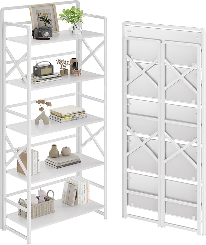No Assembly Folding Bookshelf, 5 Tiers Vintage Wood Collapsible Book Shelf