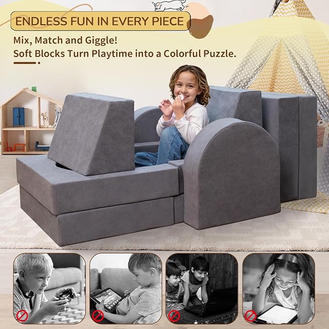 Fvkind 10 Pcs Modular Kids Play Couch, Convertible Sectional Toddler Sofa