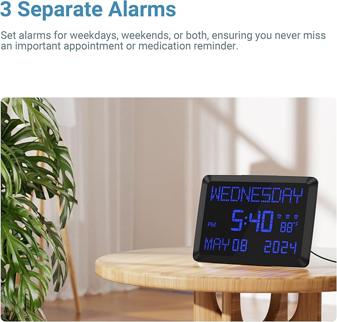 11.5” Extra Large Digital Wall Clock with Date and Day of Week , Electric Desk Clock for Seniors, Large Display Alarm Clock for Bedroom with Battery Backup, 5 Dimmer, 2 USB Ports, Indoor Temp, 12/24H