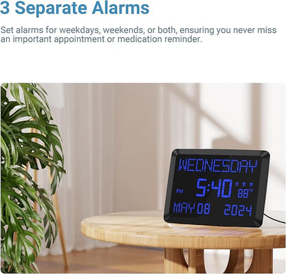 11.5” Extra Large Digital Wall Clock with Date and Day of Week , Electric Desk Clock for Seniors, Large Display Alarm Clock for Bedroom with Battery Backup, 5 Dimmer, 2 USB Ports, Indoor Temp, 12/24H