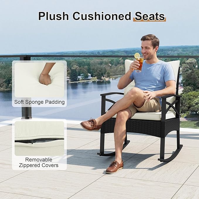 Tangkula 3 Pieces Outdoor Rocking Chairs Set, Rattan Heavy Duty Cushioned