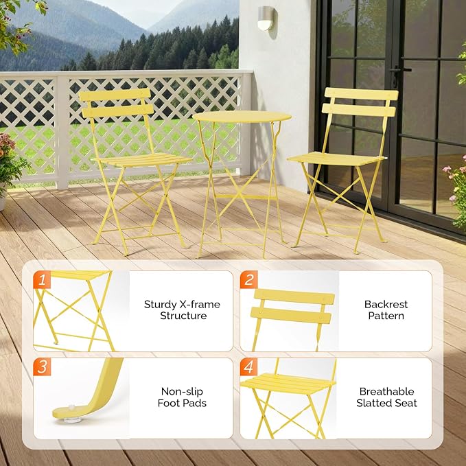 VINGLI Outdoor Folding Bistro Table and Chairs Set of 2, 3-Piece Bistro Set
