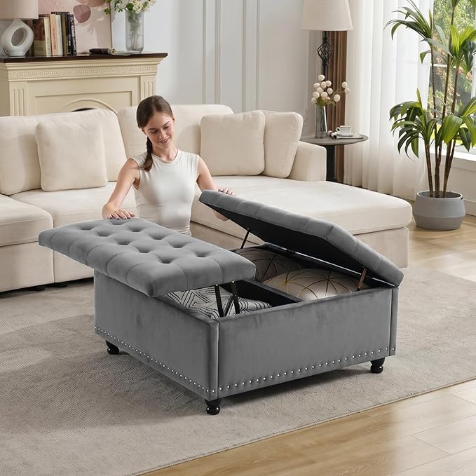 Tbfit Large Square Storage Ottoman Bench, Tufted Upholstered Coffee Table