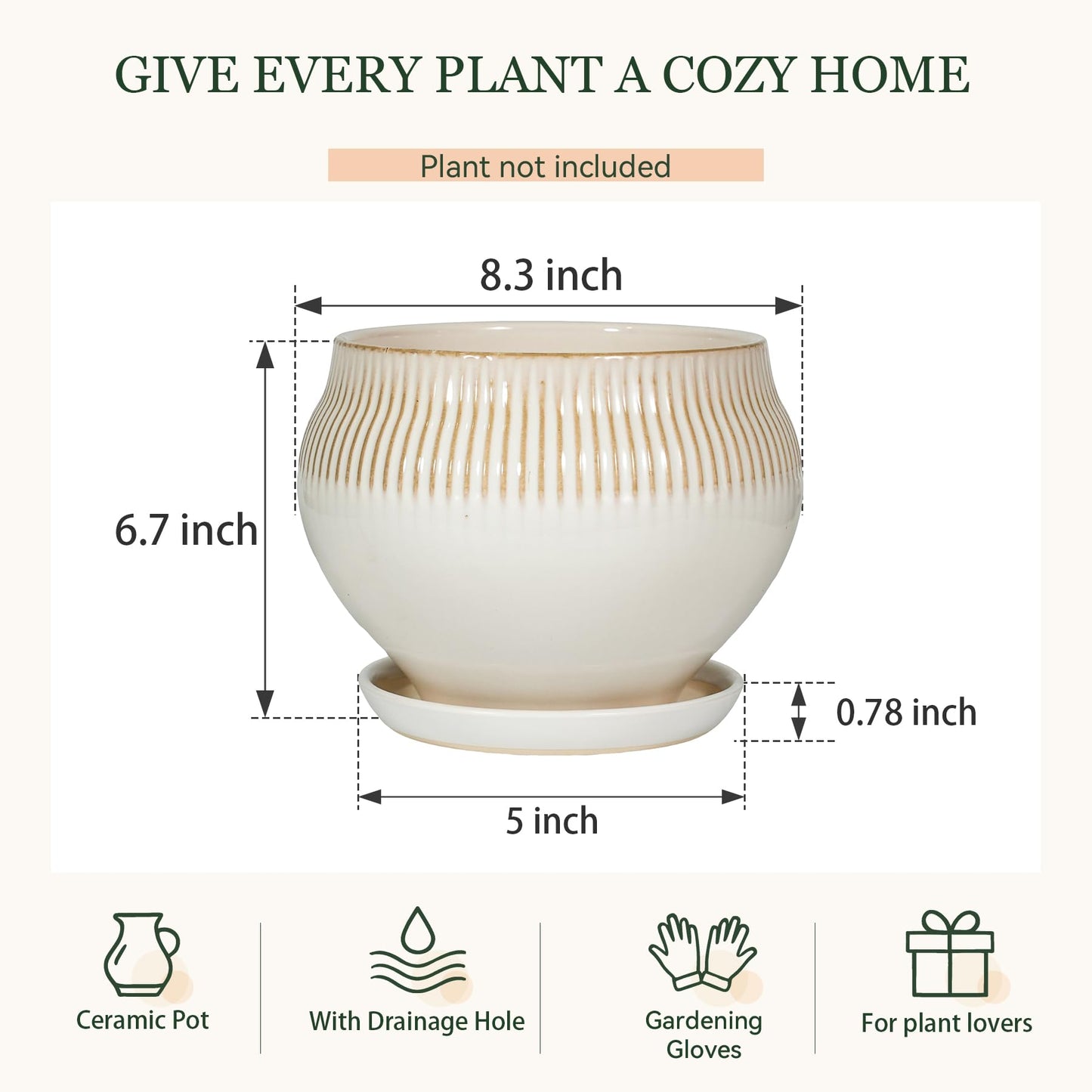 SAFIOROIS 8.3 Inch Modern Ceramic Plant Pot with Drainage Hole and Mesh Net, Indoor Outdoor Planter with Saucer & Gardening Glove, Pots for Succulents, Flowers, Large Plants, White