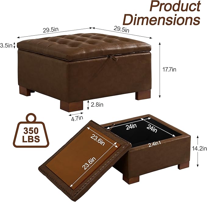 WUTUTUEE 30" Faux Leather Square Storage Ottoman