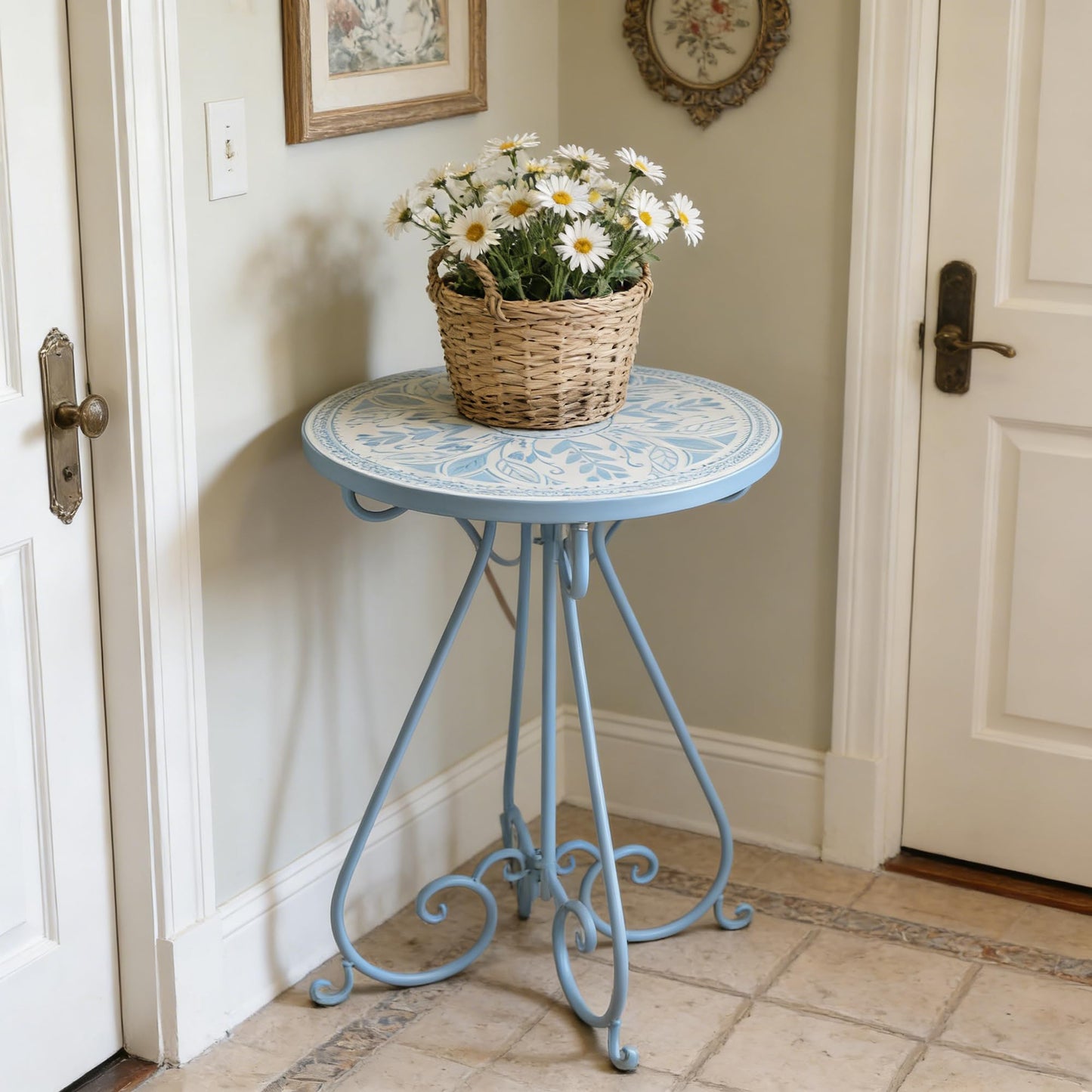 Zorvynelle Mosaic Outdoor Side Table 14" Diameter Metal Round Plant Stand Ceramic Tile Round Table Garden Patio Side Table for Flower Pots Vase Home Decor (Flower#1)