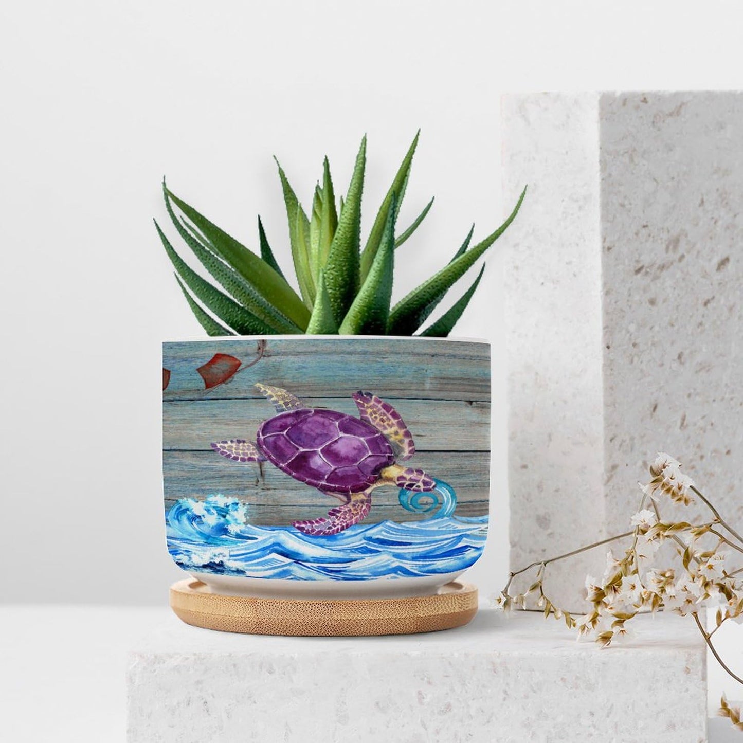 DreamAutumn Ocean Theme Sea Turtle Planter Ceramic Round Plant Pots with Drainage Holes and Bamboo Tray Planting Small Flower Pots for Home Windowsill Desk Garden Indoor Outdoor Use