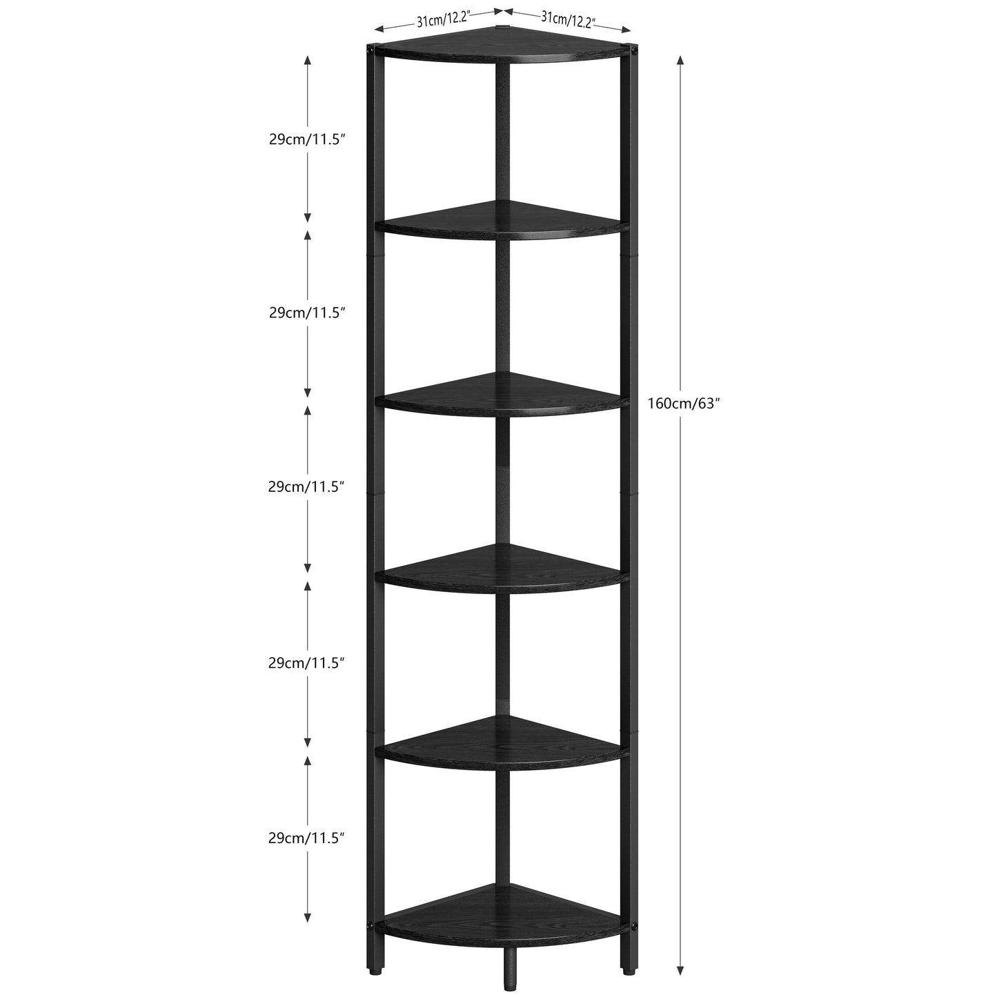 6 Tier Corner Shelf 63.1" Tall Corner Shelves stand Ladder shelf metal Standing Bookshelf Organizer Display Rack Bookcase Plant Stand Industrial for Living Room Bedroom Black Wood grain CS-001B3