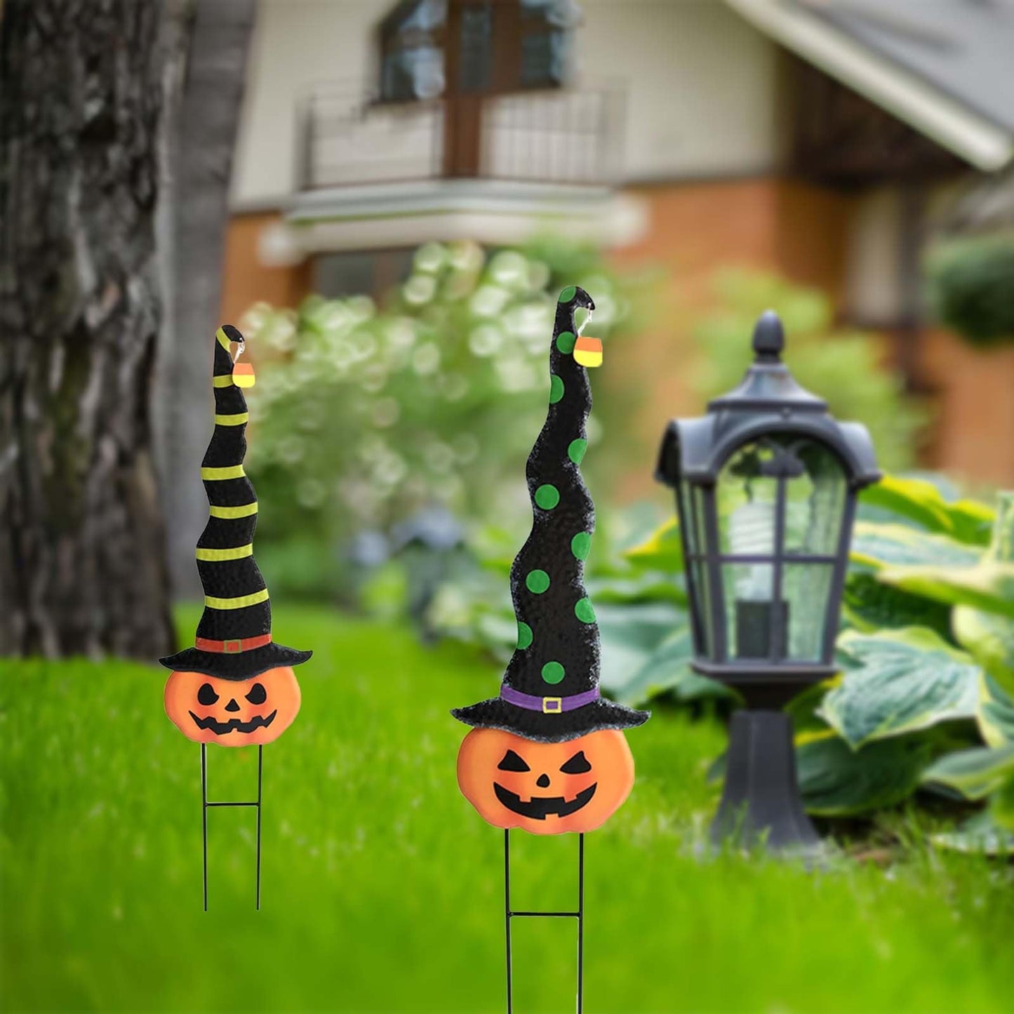 2 Pack Halloween/Thanksgiving Garden Decorations, Metal Jack-O-Lantern Yard Stakes with Witch Hats, Scary Yard Sign Outdoor Lawn Decor, Metal Pumpkin Art Garden Stake,Garden Sculpture Ornament