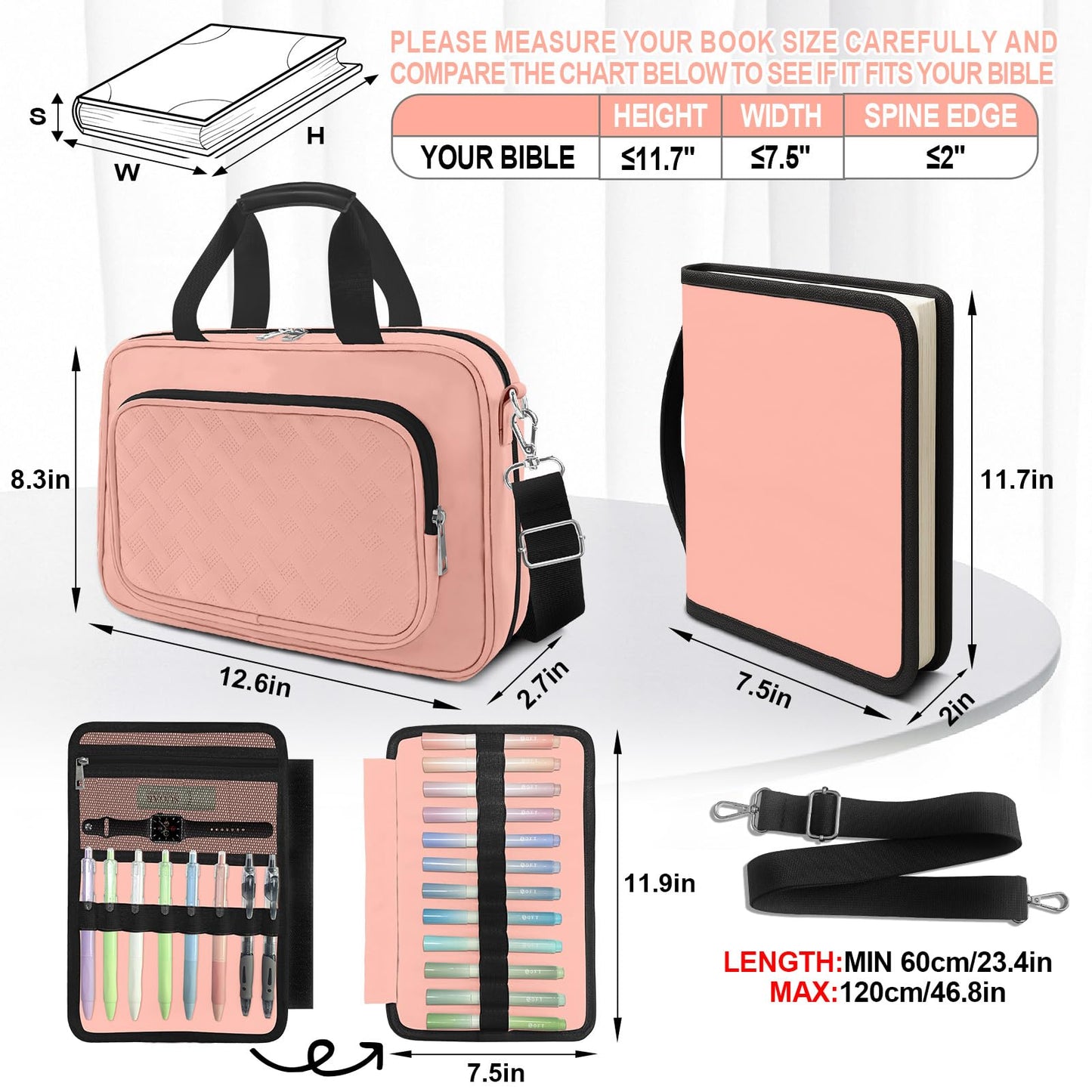IBOVODI Pink Large Bible Cover Case for Women, Bible Study Supplies Bible Journaling Kit Book Carrying Case Church Bag with Shoulder Strap Handle Zipper Pocket, Christian Gifts