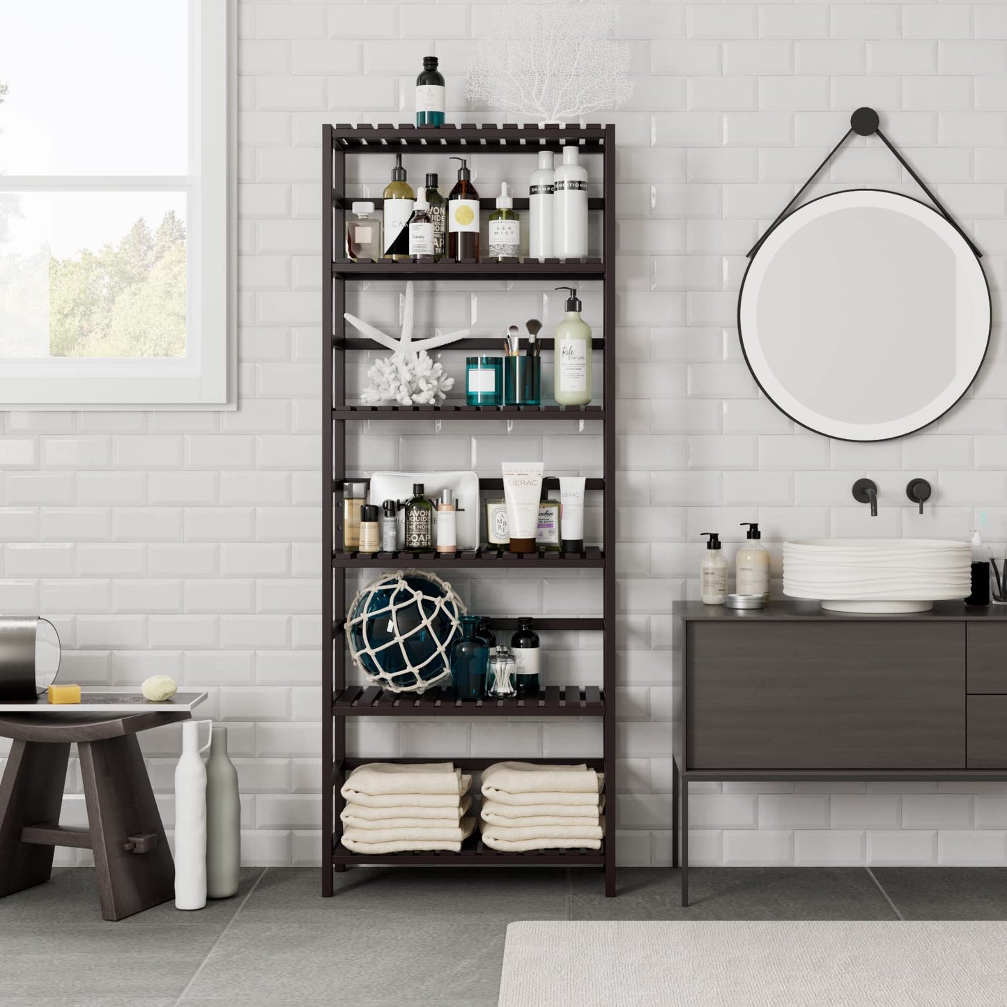 Bamjoy Bamboo Shelf, 6 Tier Bookcase Storage Shelves, Tall Book Rack Shelving Unit, Multipurpose Storage Display Shelf Adjustable Storage Rack for Bathroom Home Office Living Room Kitchen, Dark Brown