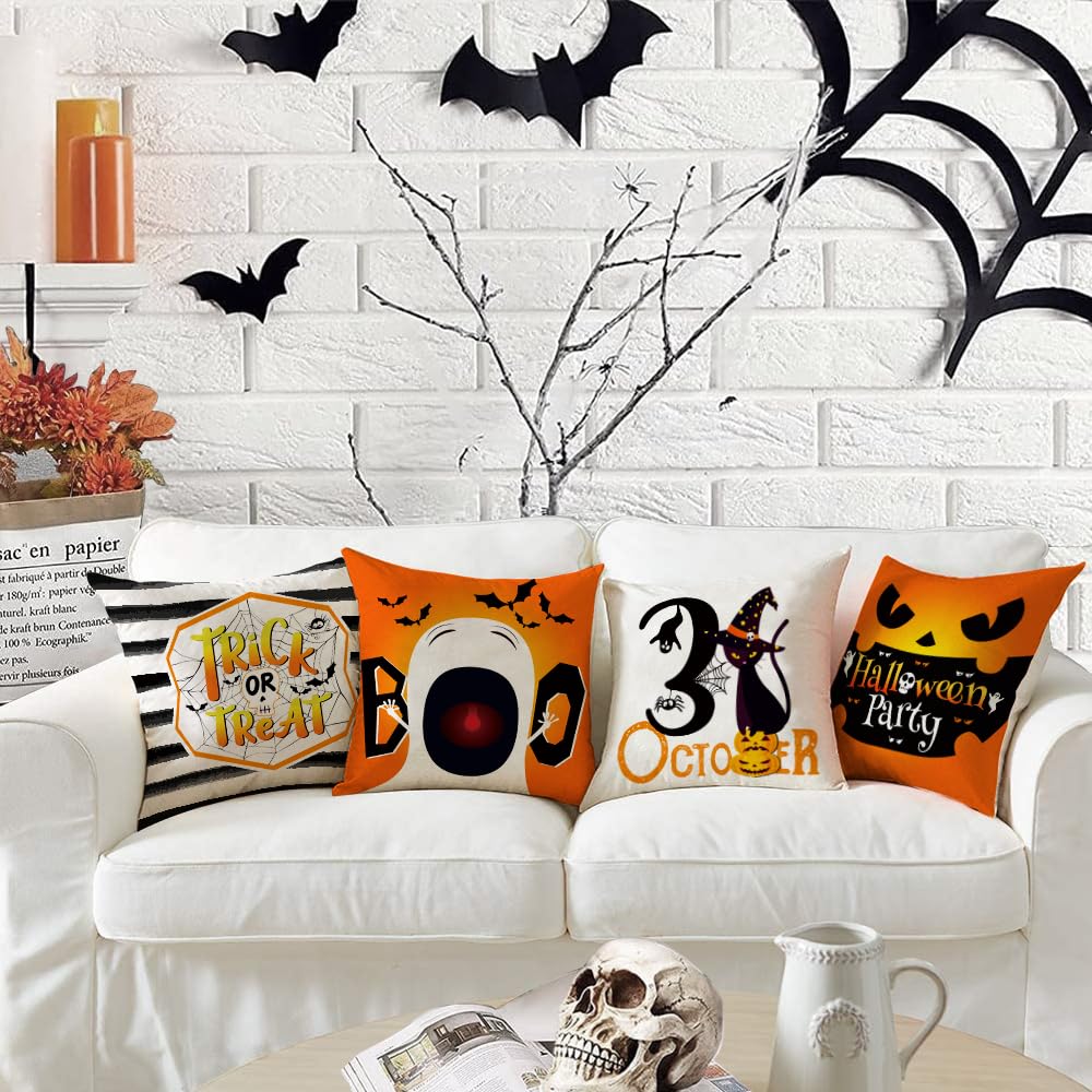 All Smiles Halloween Decorative Throw Pillow Covers 18X18 Set of 4 Fall Outdoor Indoor Orange and Black Halloween Decorations Ghost Cat Pillow Cases Ghost Cushion Home Decor Couch Sofa Bed