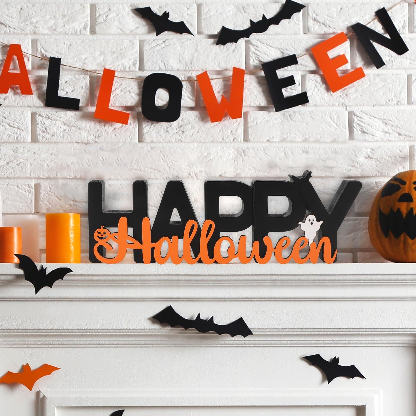 COCHIE Wooden Happy Halloween Sign, Ghost Decorations for Home, Office, Shelf, Mantel, Indoor, Wood J-o-lantern Pumpkin Decor, Black Orange Spooky Table Top Party Decoration (Happy Halloween)