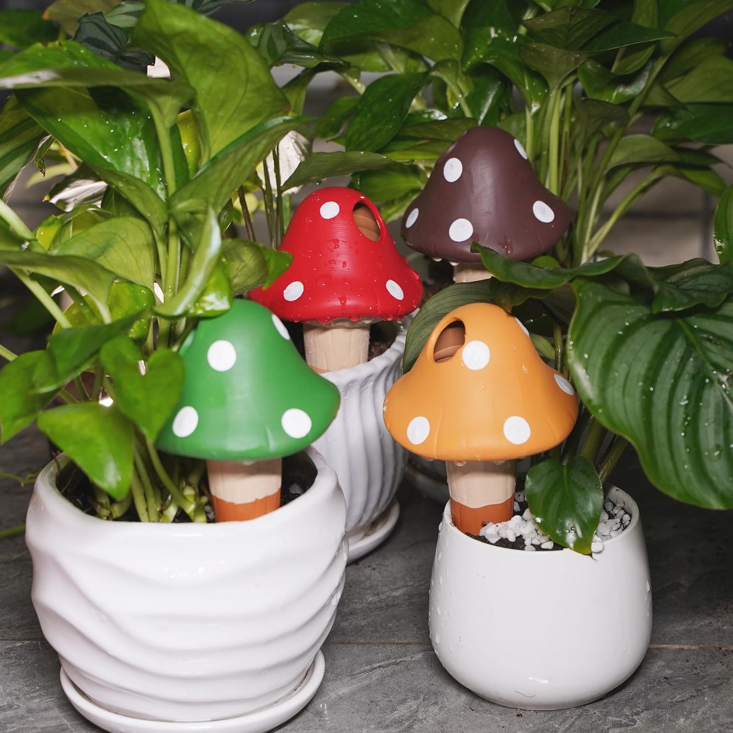 SUNGARDERY Terracotta Self Watering Spikes, 4 Pack Mushroom Self Watering Planter Insert, Vacation Plant Slow Release Watering Devices for Indoor Outdoor Plants, Colorful Large Water Globes