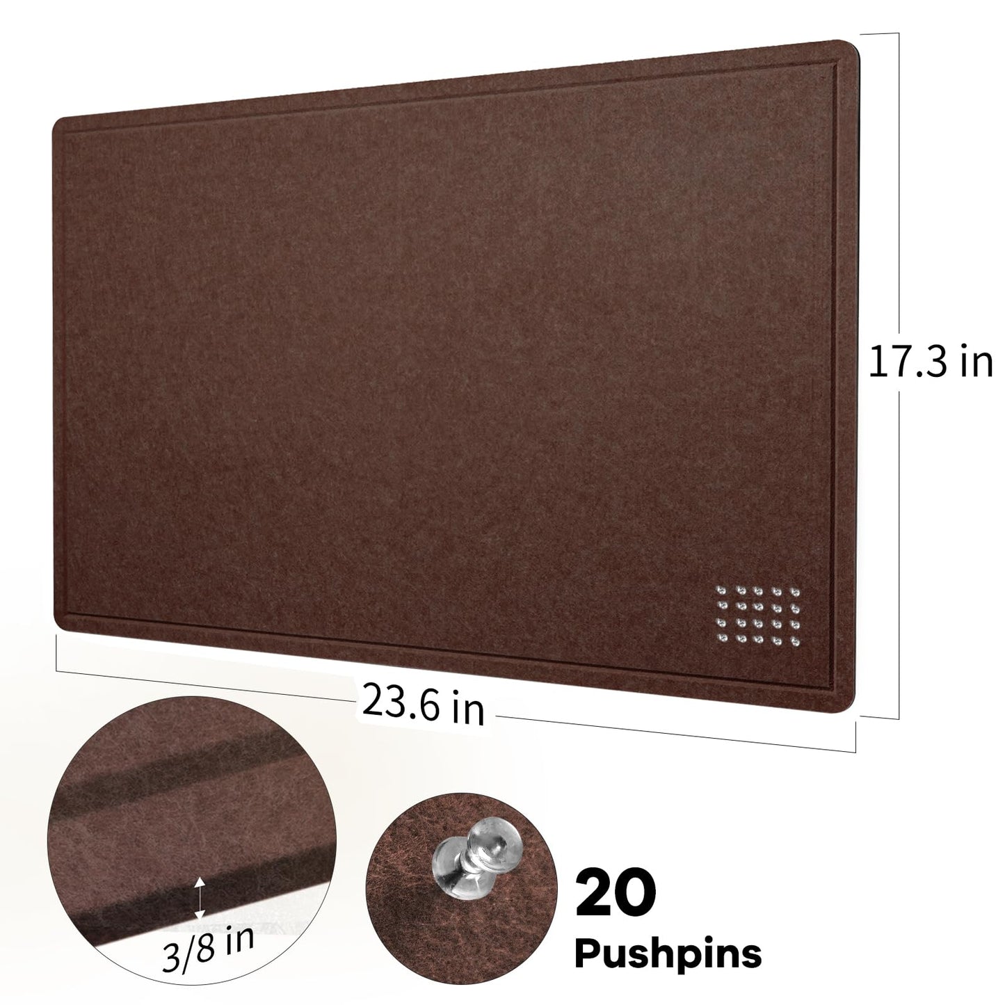 Bulletin Board, 24 x 18 inches Felt Board Decorative Pin Board, Cork Board Alternative for Wall, Foldable Photo Board Self-Adhesive Vision Board Mood Board with 20 Pushpins - Saddle Brown