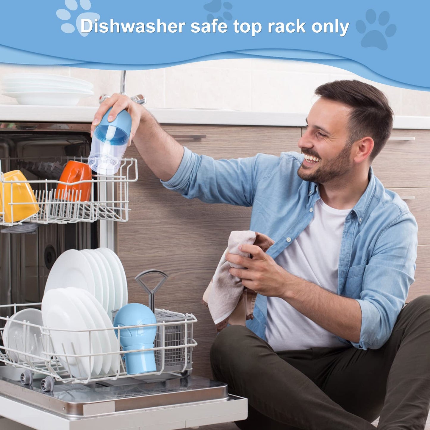 Dog Water Bottle with Food Container, Portable Dogs Water Dispenser, Outdoor Drink Bottles for Puppy, Cat, Pet, Essential Items for Travel, Walking, Hiking, Dog Accessories (Blue, with Food Container)