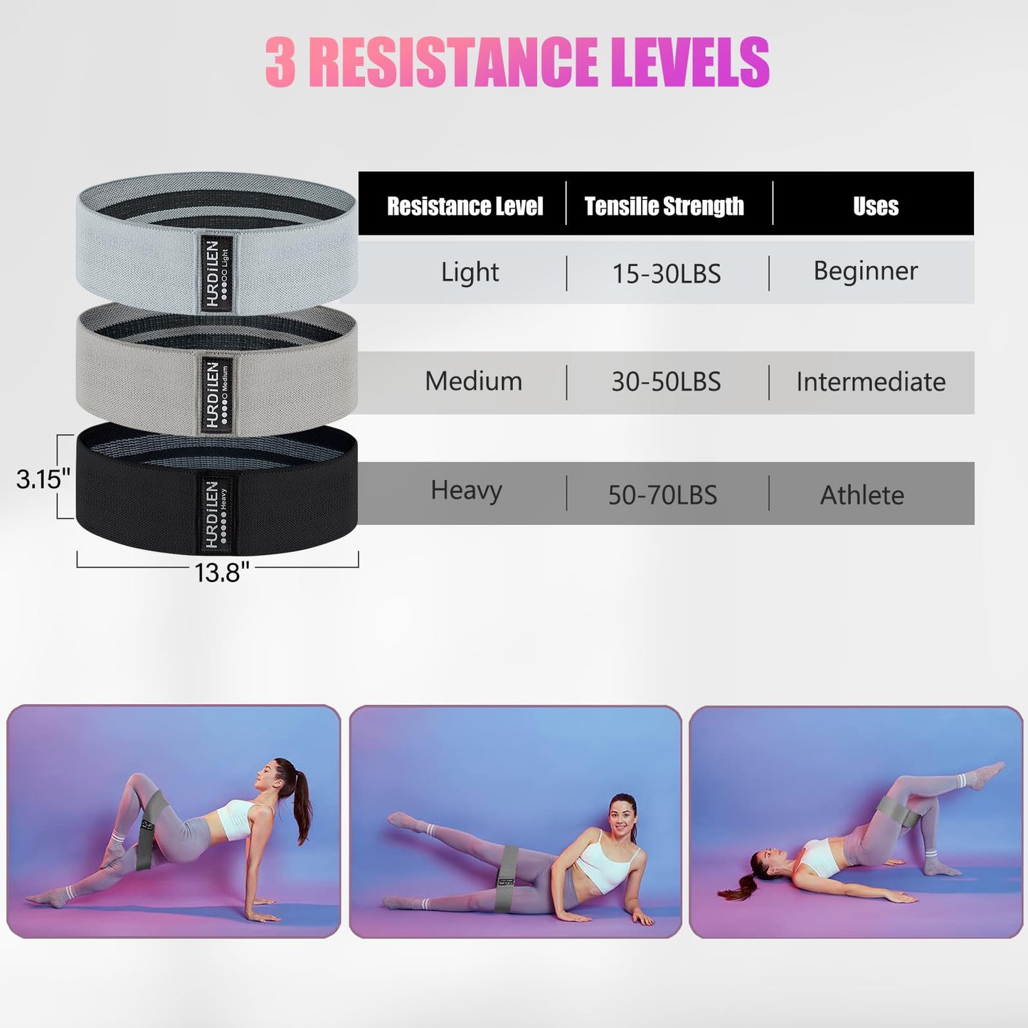 Resistance Bands for Working Out, Exercise Workout Bands for Women & Men, 3 Levels Elastic Stretch Bands for Exercise with Carry Bag for Physical Therapy, Home Fitness, Strength Training, Yoga
