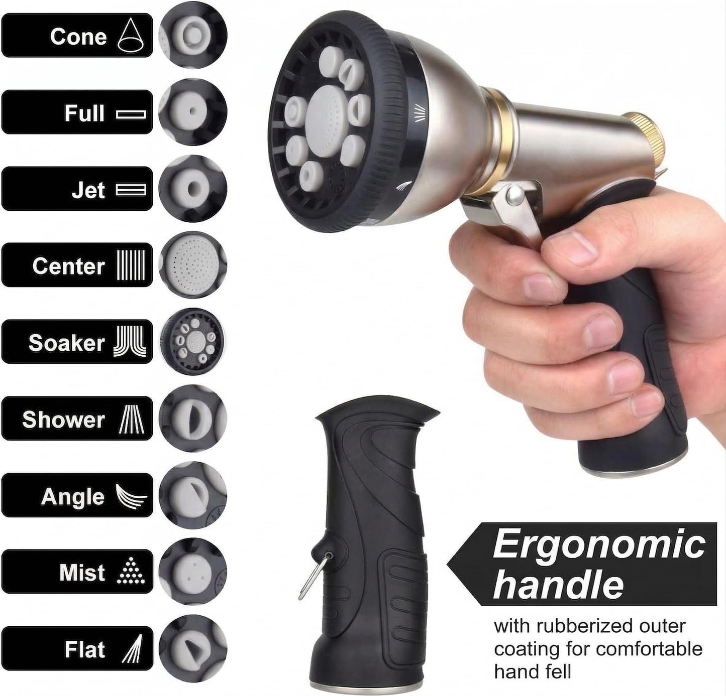 Garden Hose Nozzles 9 Adjustable Patterns Hose Spray Nozzle Heavy Duty Metal Hose Nozzle Spray Slip Resistant Water Sprayer for Cleaning/Watering Lawn Garden/Pets Shower/Car Washing (Gray)