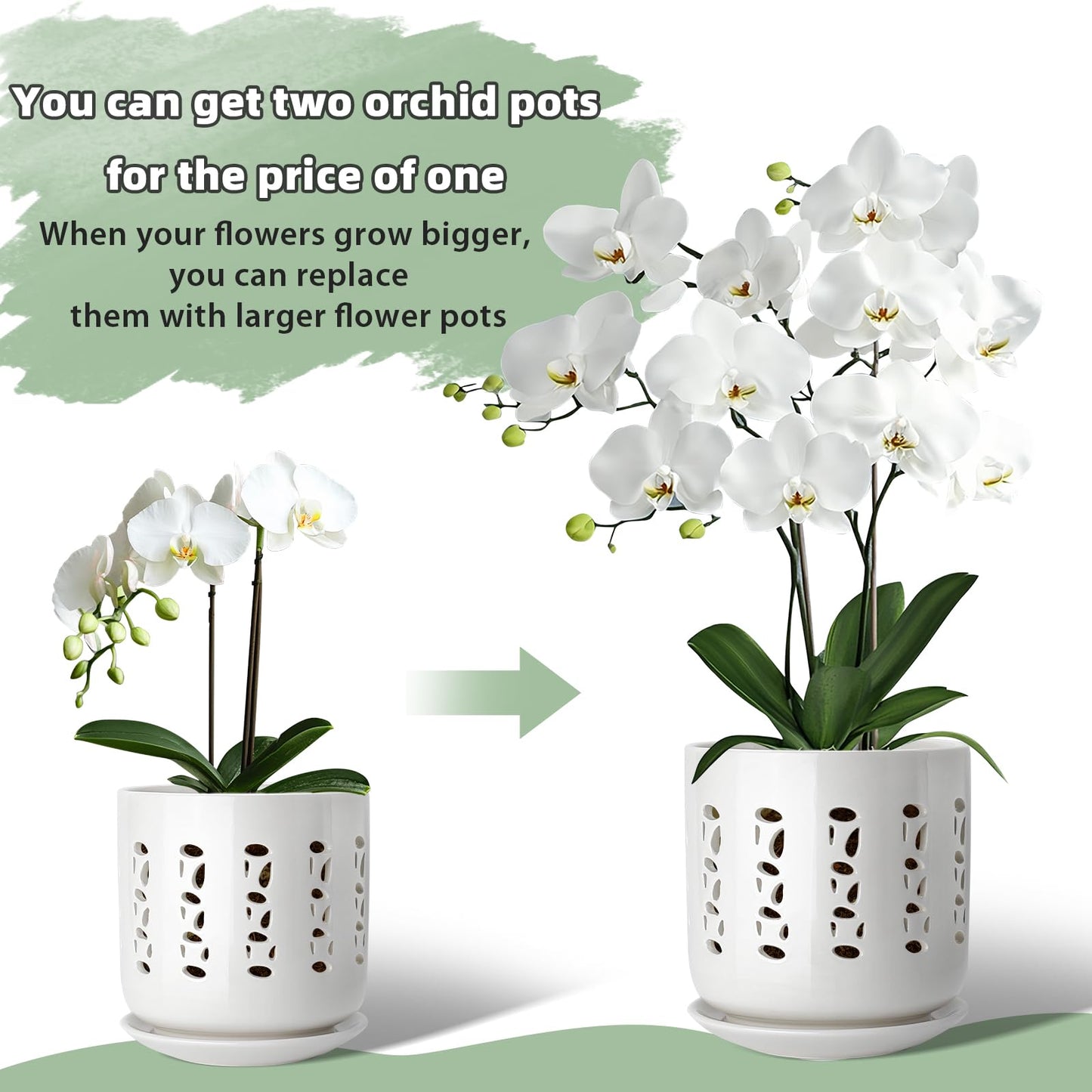 KERUITA Ceramic Orchid Pots with Holes – 5" & 6" Orchid Planter Set with Drainage and Saucers, Breathable Orchid Pots for Healthy Roots
