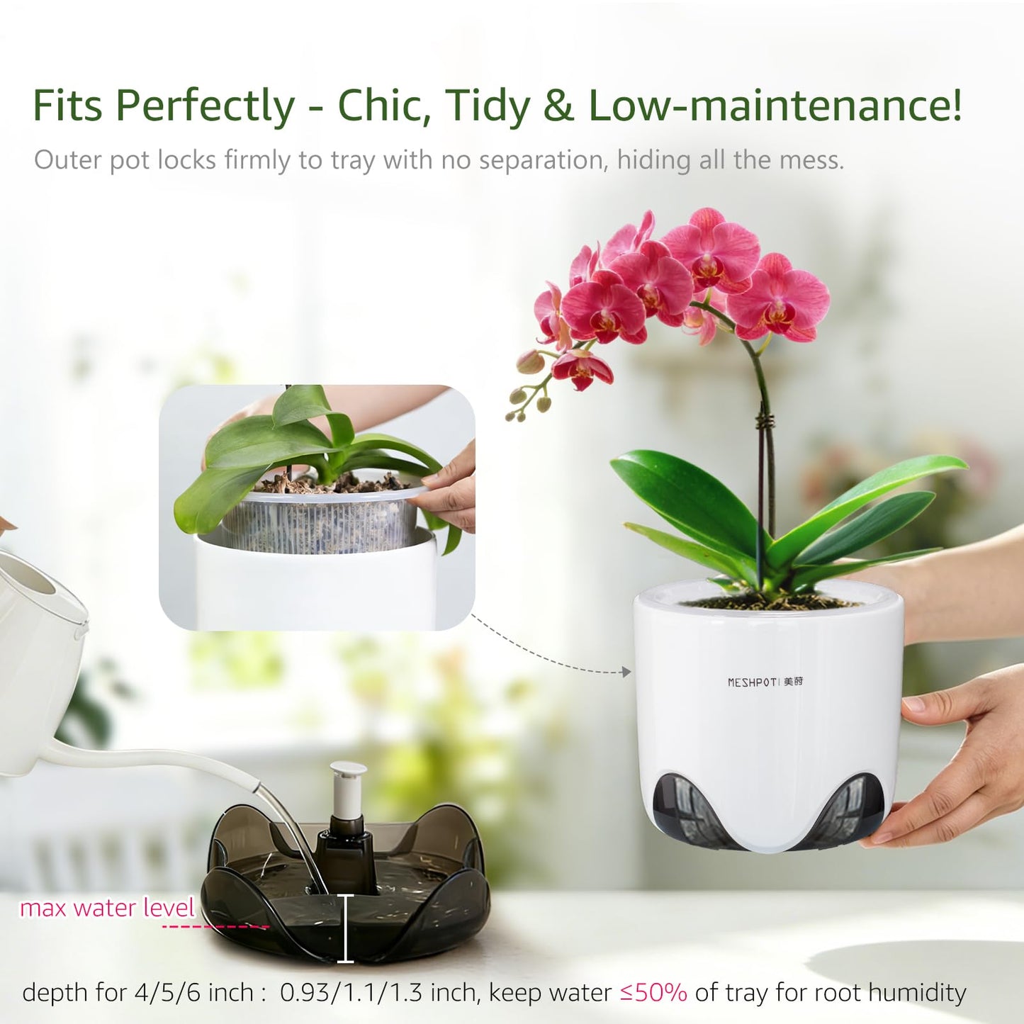 Meshpot 5 inch Orchid Pots with Holes for Repotting with Excellent Airflow, Set of 2, Double Layer Plastic Imitate Ceramic Orchid Planter, Clear Orchid Pot Match Decorative Orchid Container