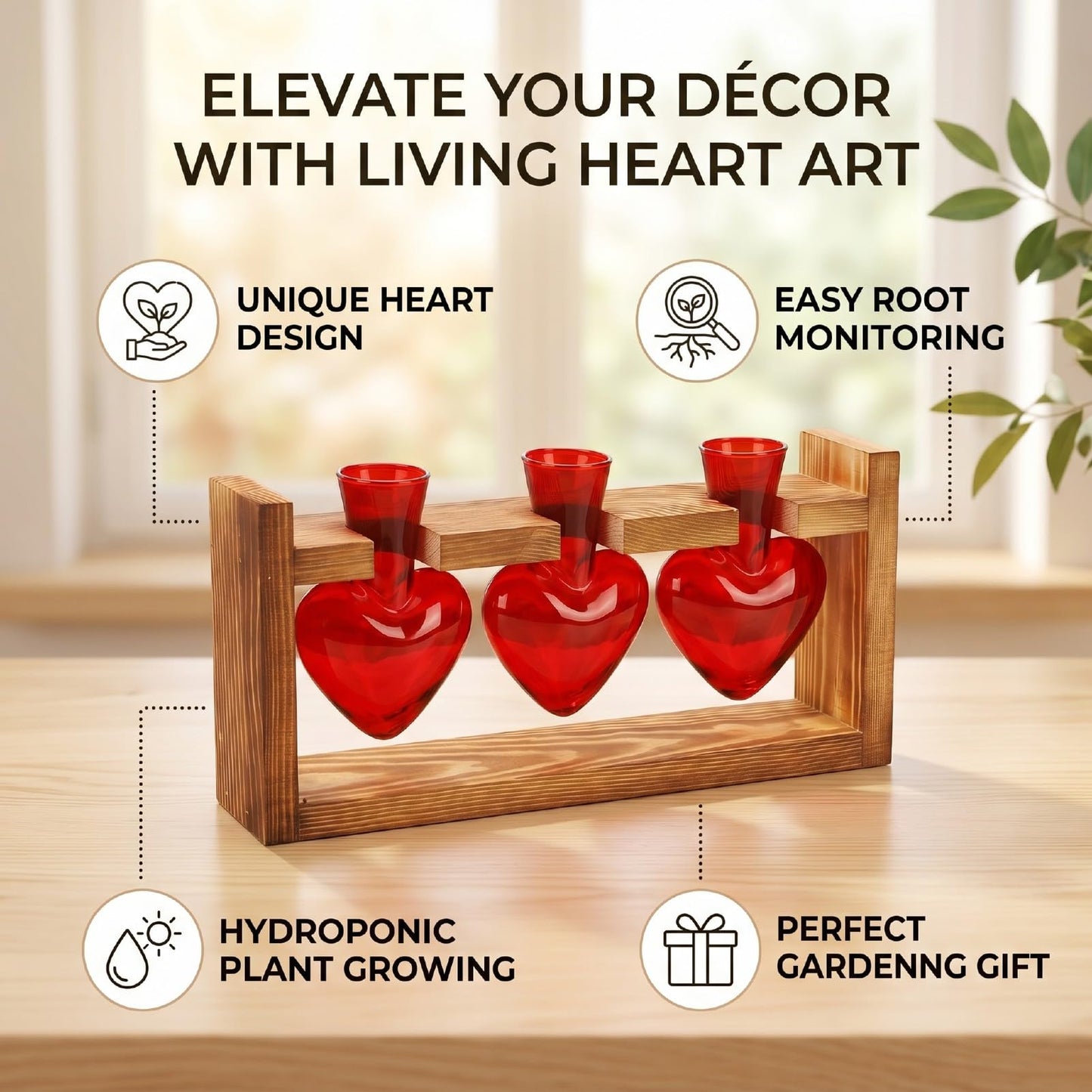Generic Heart Shaped Propagation Station, 3 Glass Vases Plant Terrarium Kit with Wooden Stand for Hydroponic Plants Home Office Decor Present for Women