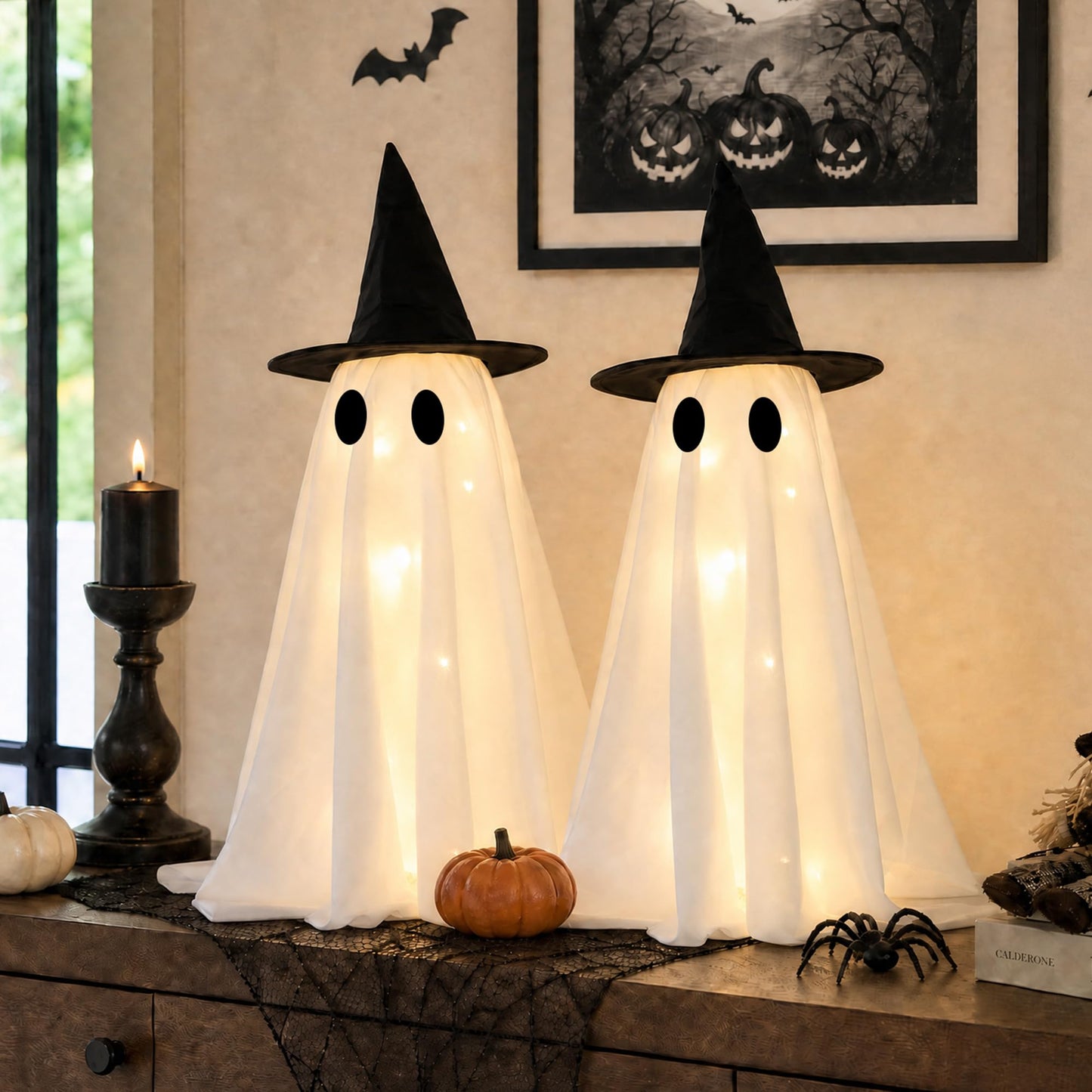 Halloween Decorations-Set of 2 Light-Up Ghosts with Witch Hats, Ghost Table Centerpiece-Spooky Tabletop Decor for Mantel Dining Table Party Indoor Home
