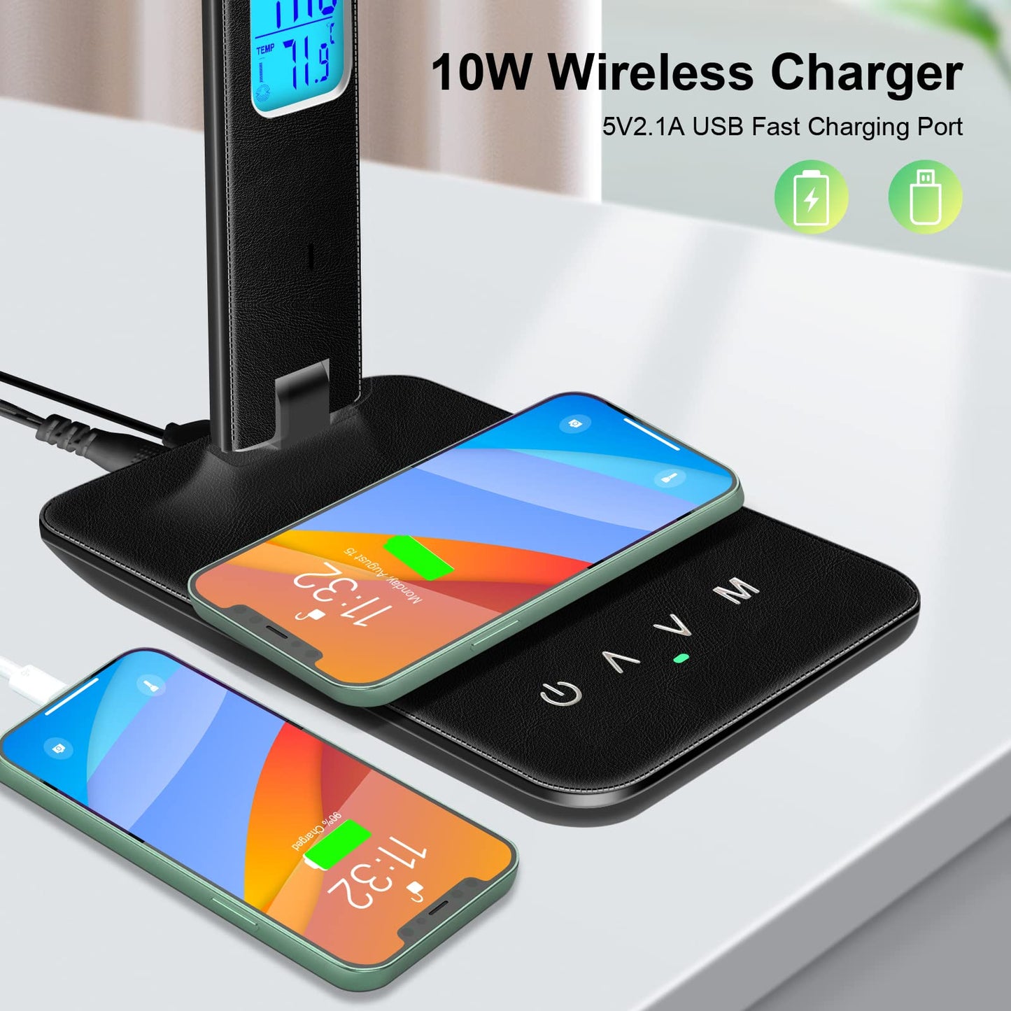 snsok Desk Light with Wireless Charger, USB Charging Port, Dimmable Office Desk Lamp with Clock, Alarm, Date, Temperature, Foldable Lamp for Table Bedroom Bedside Office