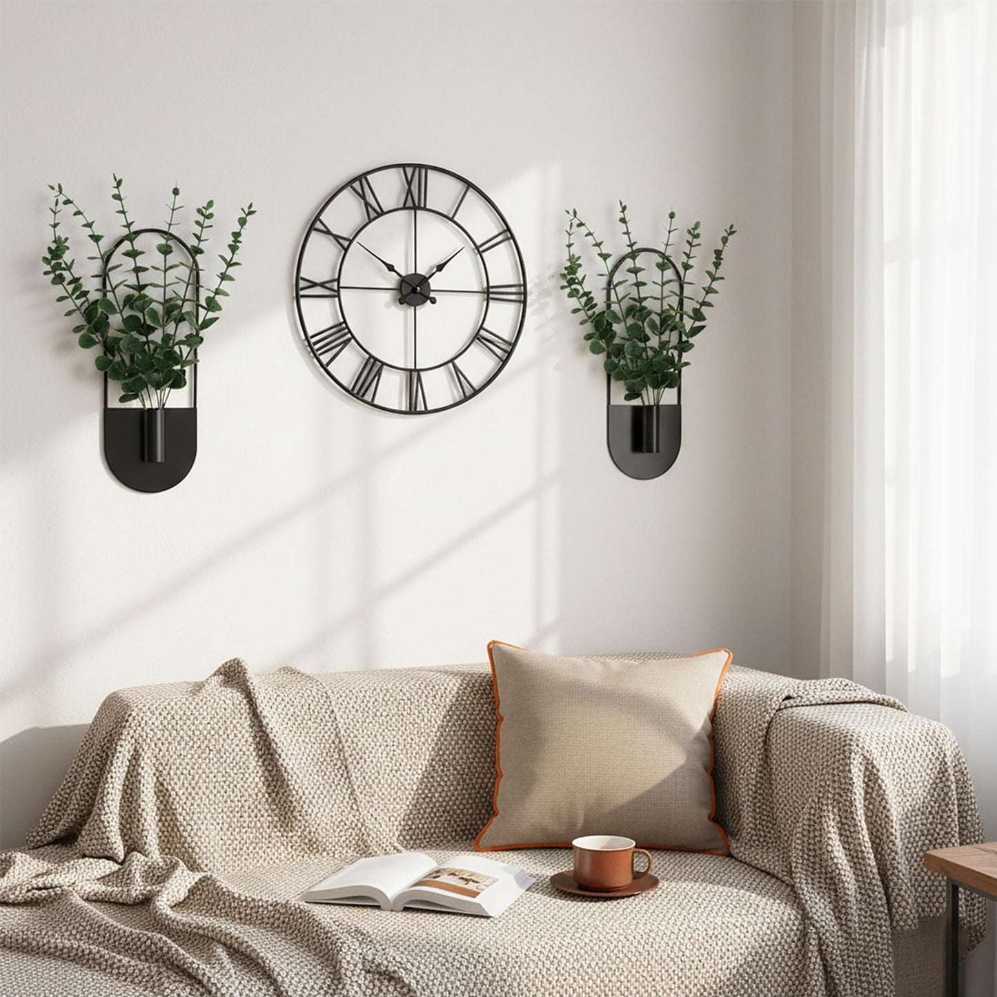 Nacidooka 2 Pcs Boho Wall Decor Hanging Planters for Indoor Plants, Hanging Plant Holder with Artificial Eucalyptus Modern Bathroom Metal Wall Art for Living Room Hallway Home Office(Black)