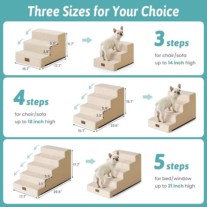 COZY KISS Dog Stairs for Small Dogs 11.7" H, 3-Step Gentle Incline Pet Step for Couch Chiars, Right-Angle Dog Ramp for Puppy Doggie Senior Cats, 15.7x17.7x11.7 Inch, Beige