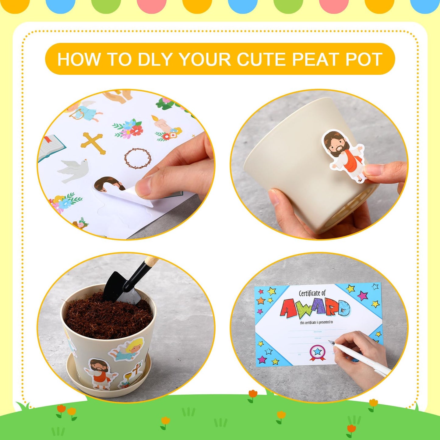 Domensi 30 Set Mothers Day Crafts for Kids Classroom Flower Pot Craft Bulk 4 Inch Spring Garden Plastic DIY Plant Pot with Tray 30 Sheet Christian Sticker 30 Certificates Card for School(Colorful)
