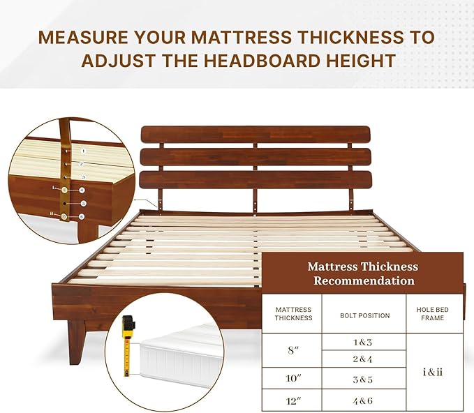 Bme Caden King Size Bed Frame and Adjustable Headboard, 15 Inch Mid Century