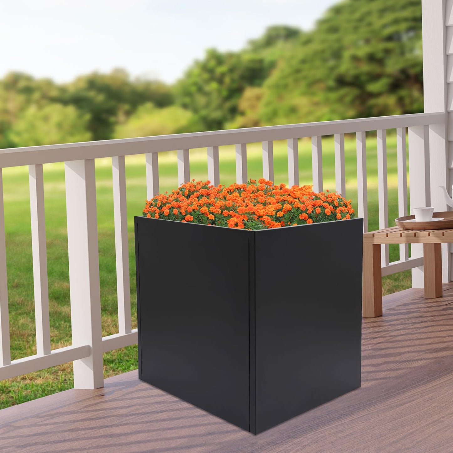JJIESHENG Square Metal Planter Box, Galvanized Steel Planters Box, 26" L x 26" W x 26" H Large Black Planters Outdoor Cube Heavy Duty Flower Pot with Drainage Hole for Patio, Yard, Garden