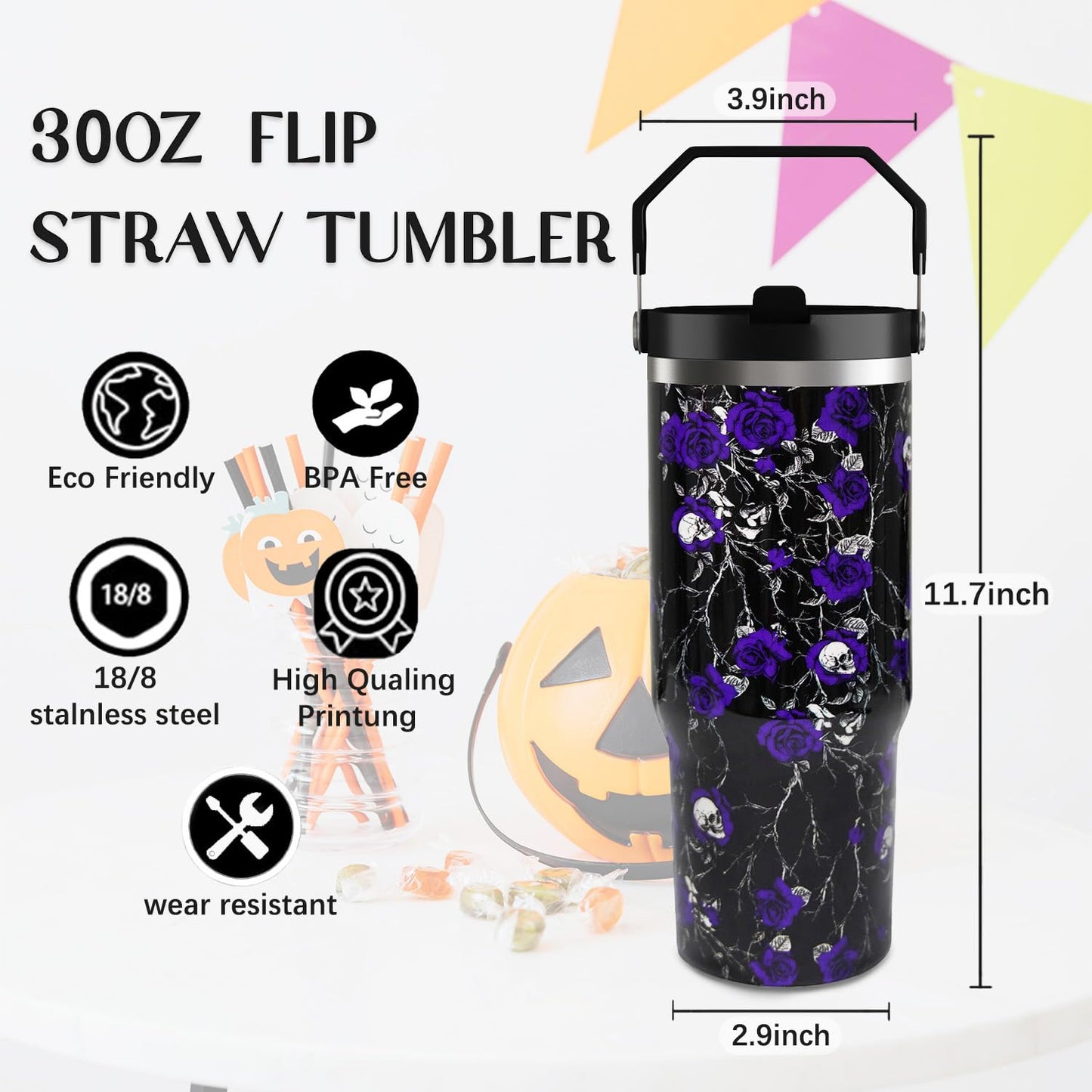 30oz Halloween Tumbler with Handle and Straw, Goth Floral Skull Insulated Tumbler, Leak Proof Travel Coffee Mug, Reusable Stainless Steel Skull Tumbler, Halloween Gifts for Women (black purple)