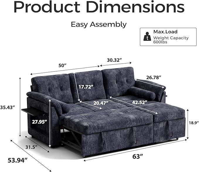 Convertible Sleeper Sofa Bed, 63 Inch Chenille Pull Out Couch