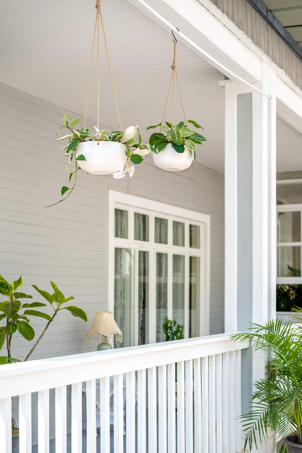Mkono Ceramic Hanging Planter and Ceiling Hooks, Shallow 8 Inch and Deep 6 Inch for Indoor Outdoor Plants, Set of 2 Modern Plant Pot Geometric Porcelain Hanging Basket with Polyester Rope Hanger