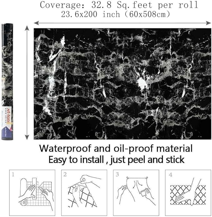 Arthome Black Marble Contact Paper, Peel and Stick Black Silver Paper, Self