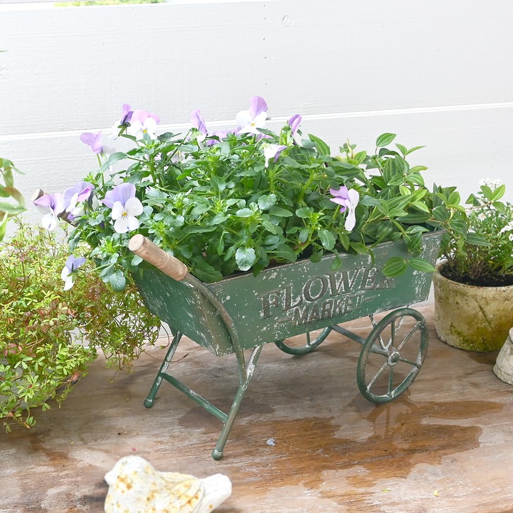 Z² BellaDecor 15 Inch Farmhouse Small Flower Cart with Wooden Handles Metal Wagon Planters for Outdoor Plants Decorative Wheelbarrow Plant Cart for Patio Garden Balcony Green