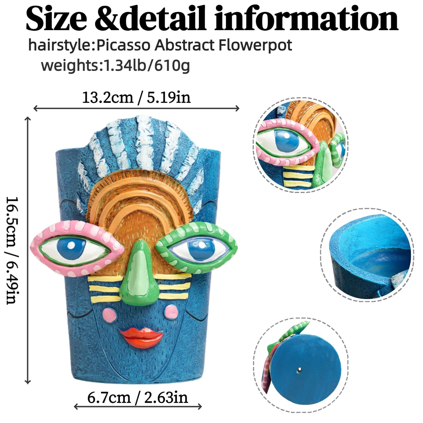 Yhupl Picasso Abstract Face Flower Pot,Plant Pot with Facial Expressions,Handmade Resin Plant Pot with Drainage Holes,for Indoor and Outdoor Botanical Home décor (Blue Small)