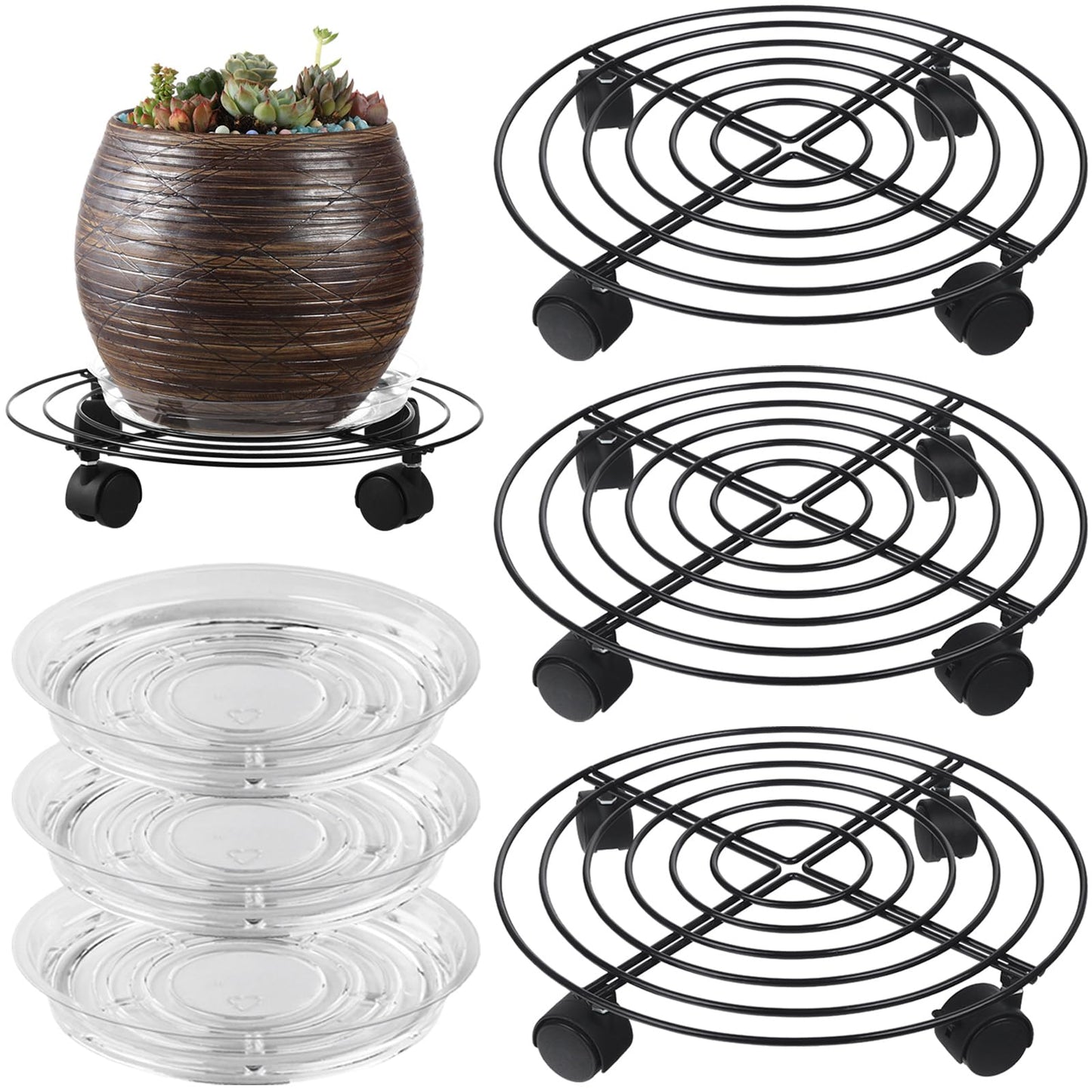 Planterhoma 3 Packs Large Metal Plant Caddy 13 Inches Plant Dolly with Wheels Heavy-duty Iron Rolling Plant Stand with Casters for Indoor Outdoor Flower Pot Mover Rollers Black Wheeled Plant Colaster