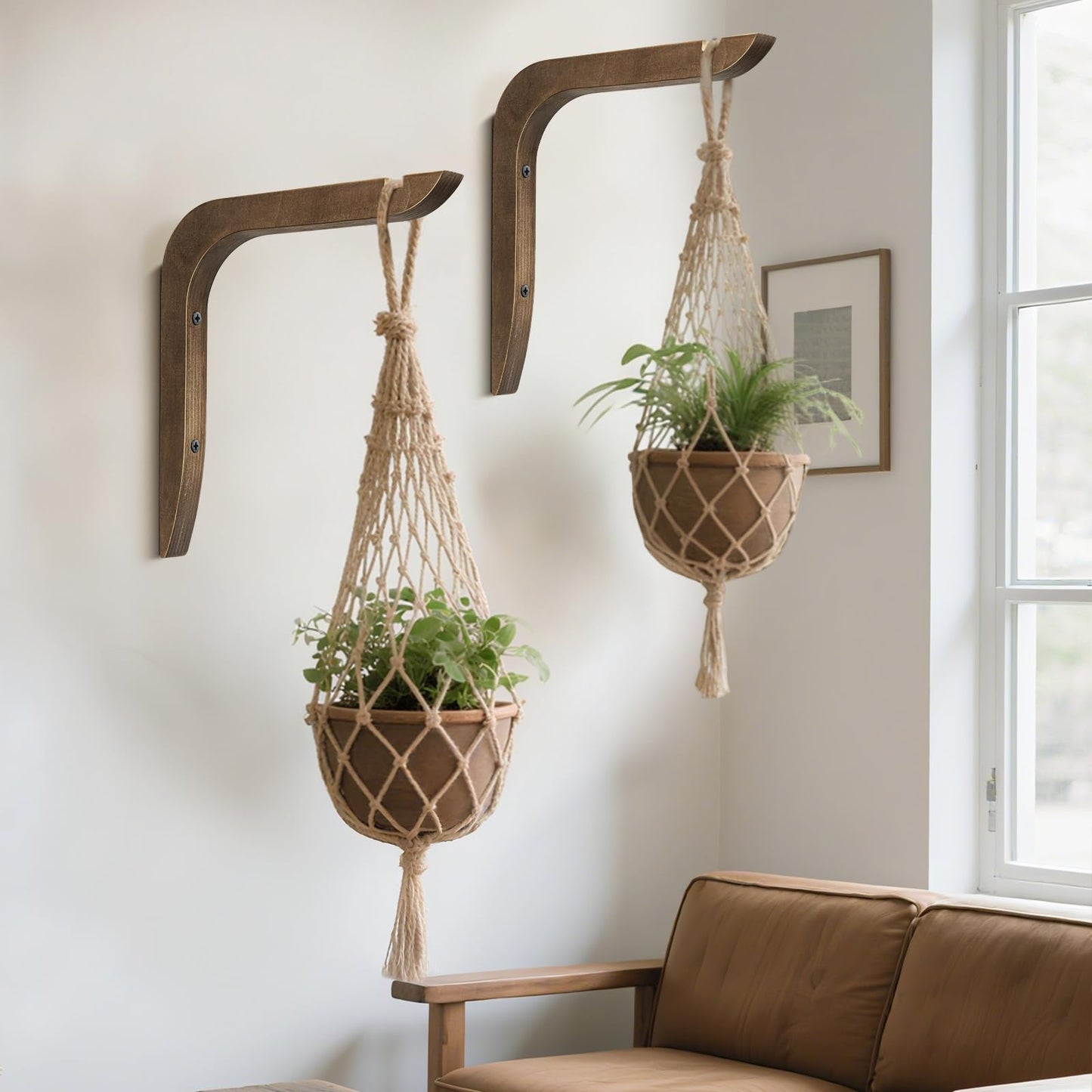 Wooden Plants Hanger, Plant Hangers Indoor Wall Mount, 8.58-Inch Hanging Plant Hooks for Wall, Basket Hooks for Lanterns, Flower Bracket, Wind Chimes, Lamp, Bird Feeders, Patio Decor(Brown 2PCS)