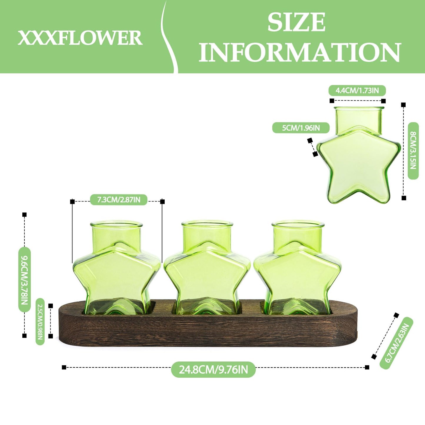 XXXFLOWER Plant Propagation Station with Wooden Stand，Air Plant Terrarium Starter Kits Star Vases for Flowers Plant Cutting Rooting Pots Indoor Hydroponic Glass Planter for Plant Lovers,3 Jars(Green)