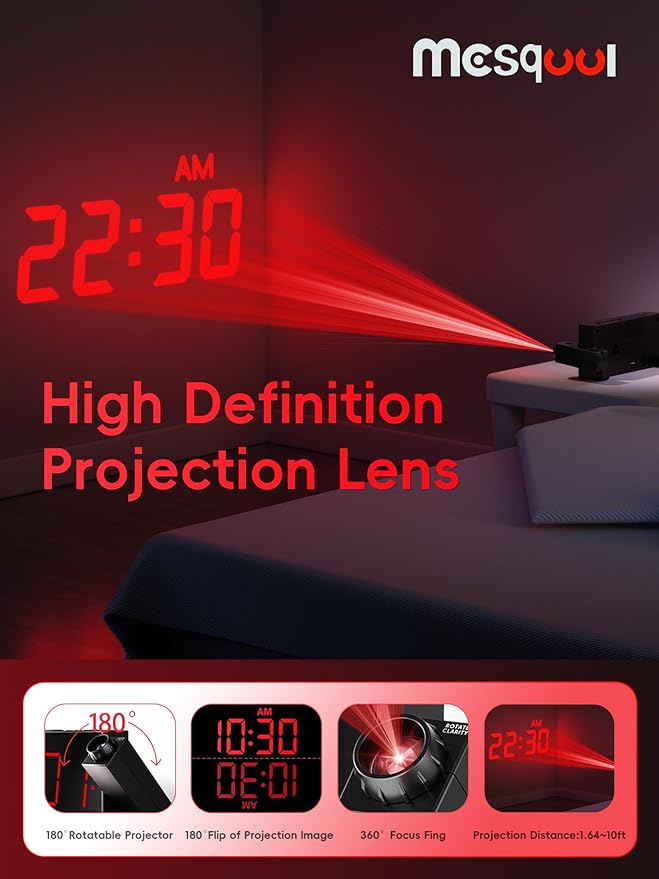 Mesqool Projection Alarm Clock with Bed Shaker, 7" LED Display, 180° Projector, 5-Level Dimmer, USB Phone Charger, Battery Backup, Loud Vibrating Alarm Clock for Heavy Sleepers, Snooze, DST