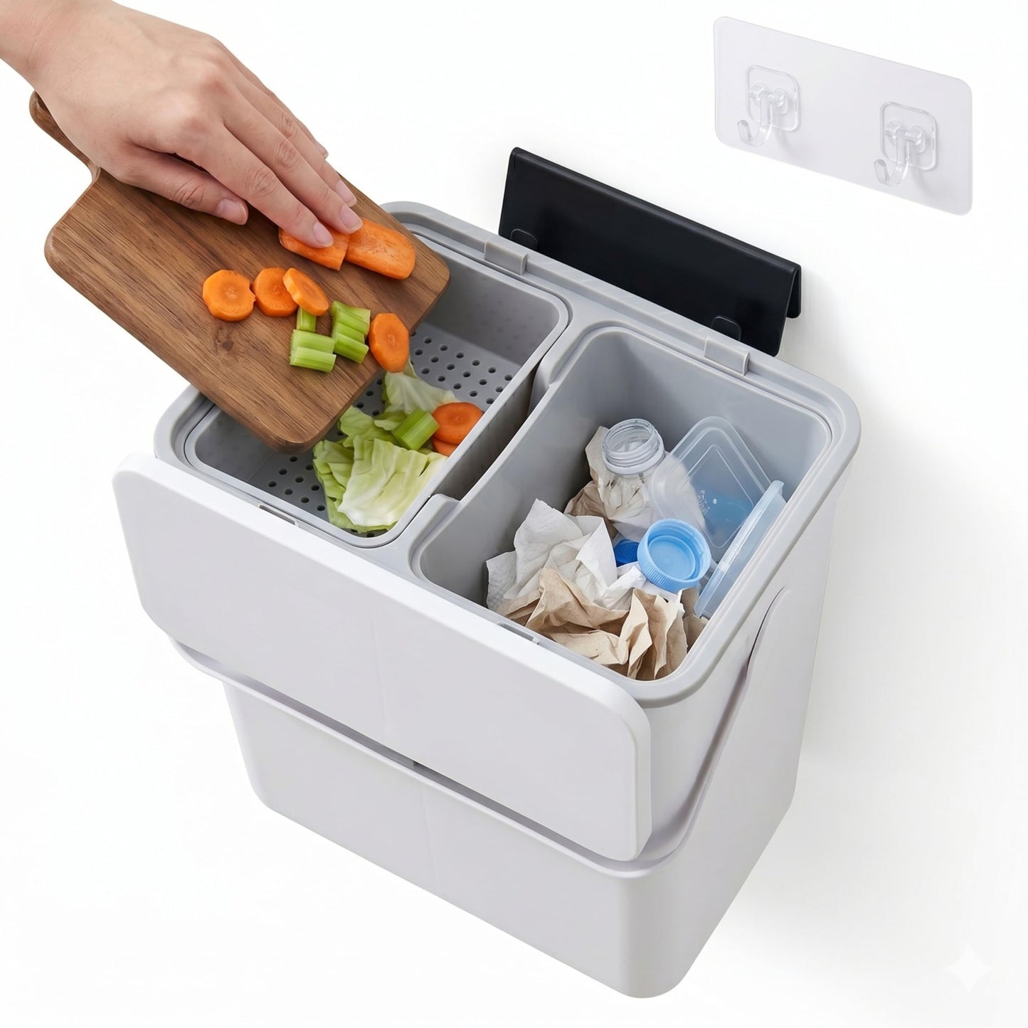TOSCARA 3.2 Galoon Kitchen Compost Bin with lid | Odorless Hanging Trash Can with Sliding Lid for Dry & Wet Waste – 12 L Wall-Mounted Garbage Can for Kitchen Cabinet. Under Sink Trash can for Office.