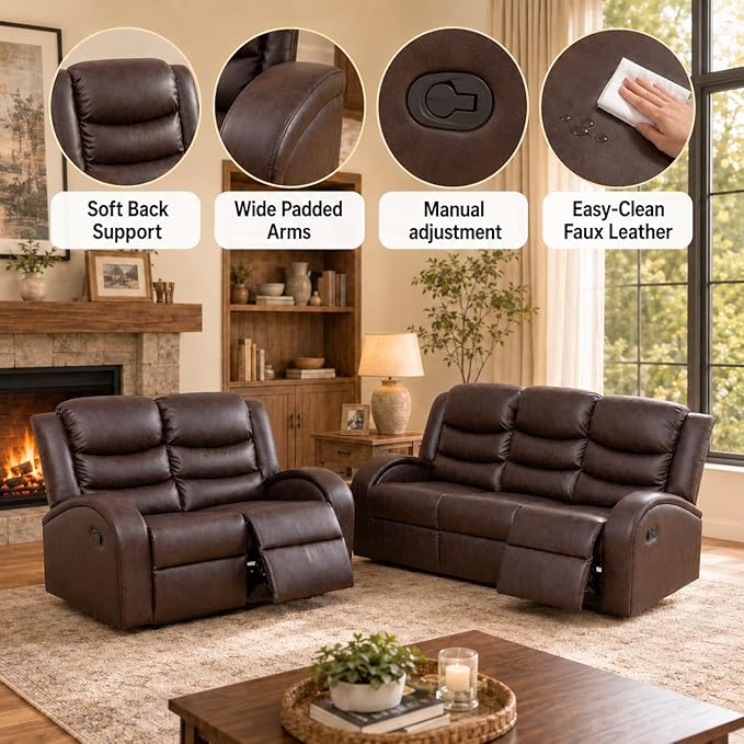 Recliner Sofa Set 2 Piece Living Room Furniture Set Couch Sectional Leather