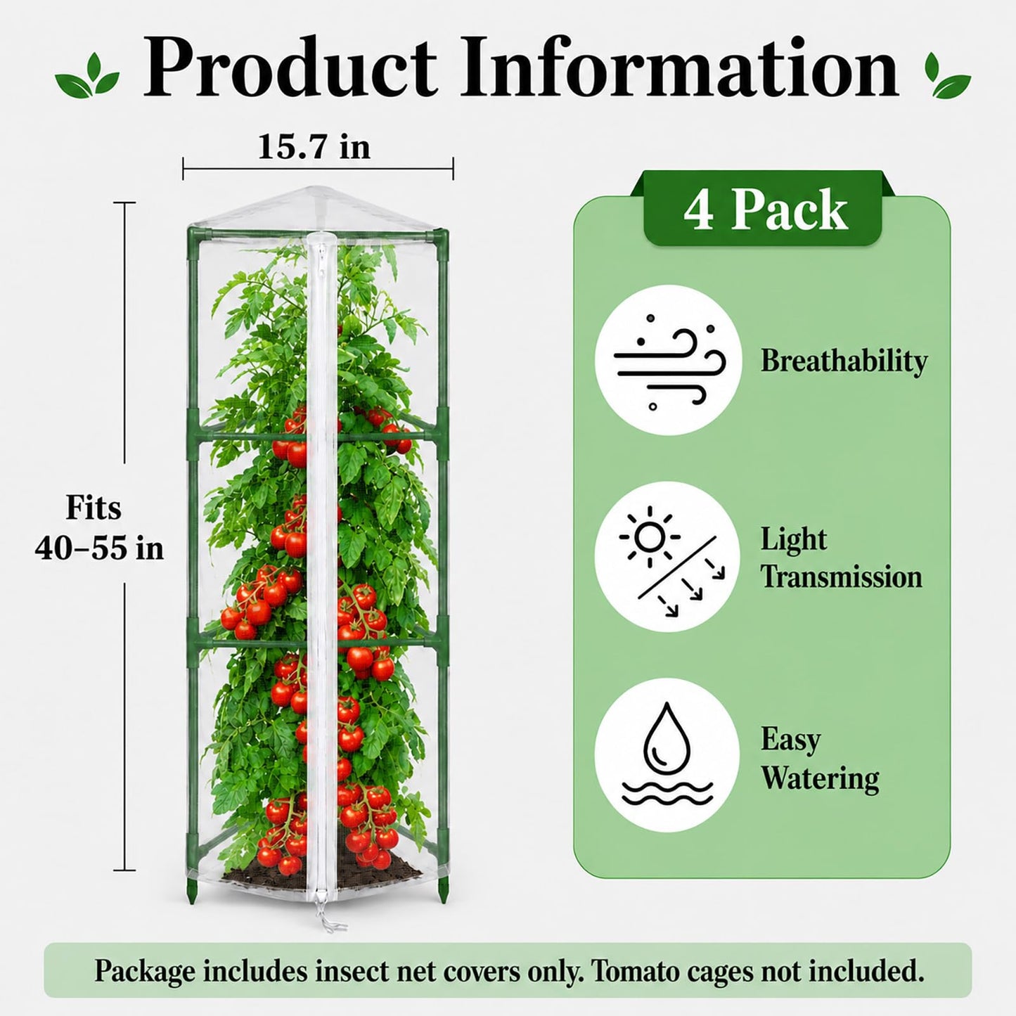 Halatool Garden Tomato Plant Cover Netting, Fits 40–55" Tall Square Tomato Cages, Garden Bird Netting with Zipper & Drawstring, Insect Barrier, Plant Covers from Insects Animals, 4 Pack, 45"×15.7"