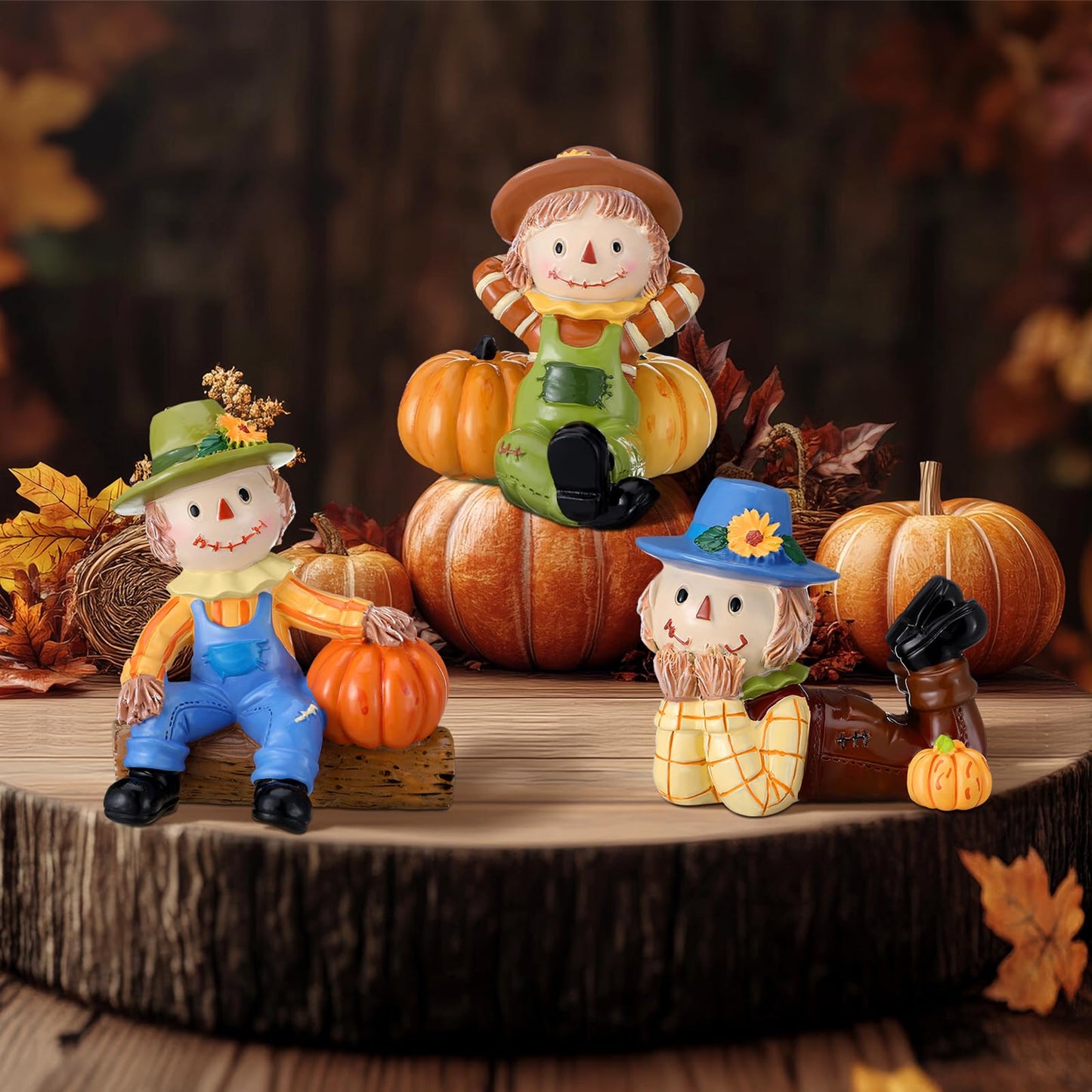 ShinyRelief 3 Pcs 3D Thanksgiving Scarecrows Table Decor Figurines with Pumpkin Fall Table Centerpiece Decor Autumn Harvest Resin Statue Gifts for Kitchen Home Office Tiered Tray Shelf Party Supplies
