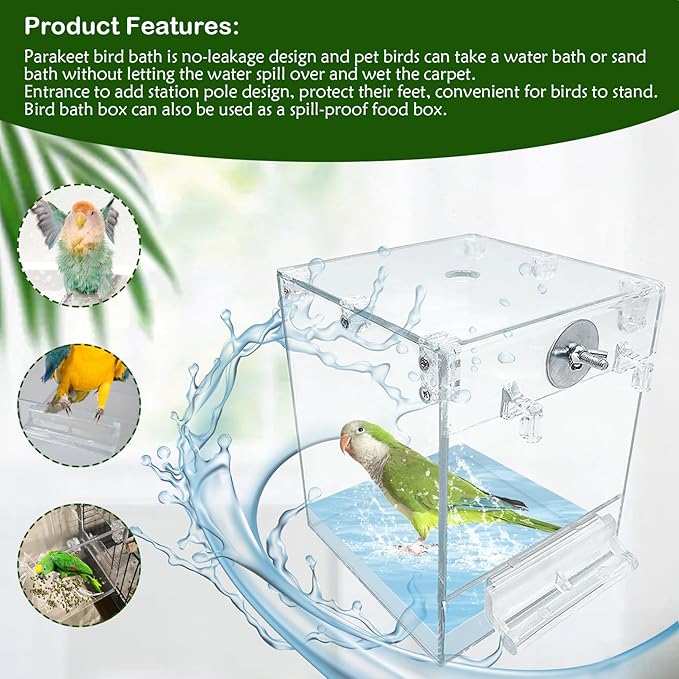 PINVNBY Bird Bath Box for Cage,Transparent Parakeet No-Leakage Bathtub Hanging Cube Tube Shower Box Cages Accessory with Water Injector and Balls Toys for Pet Birds Canary Parakeet Cockatoos (8 Pcs)