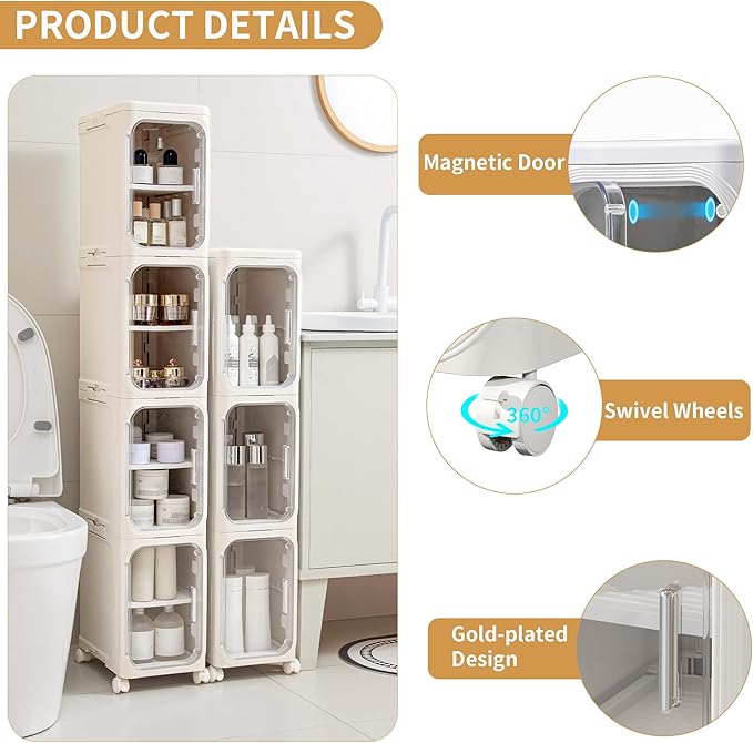 3-Tier Tall Narrow Storage Cabinet, Slim Bathroom Storage Cabinet