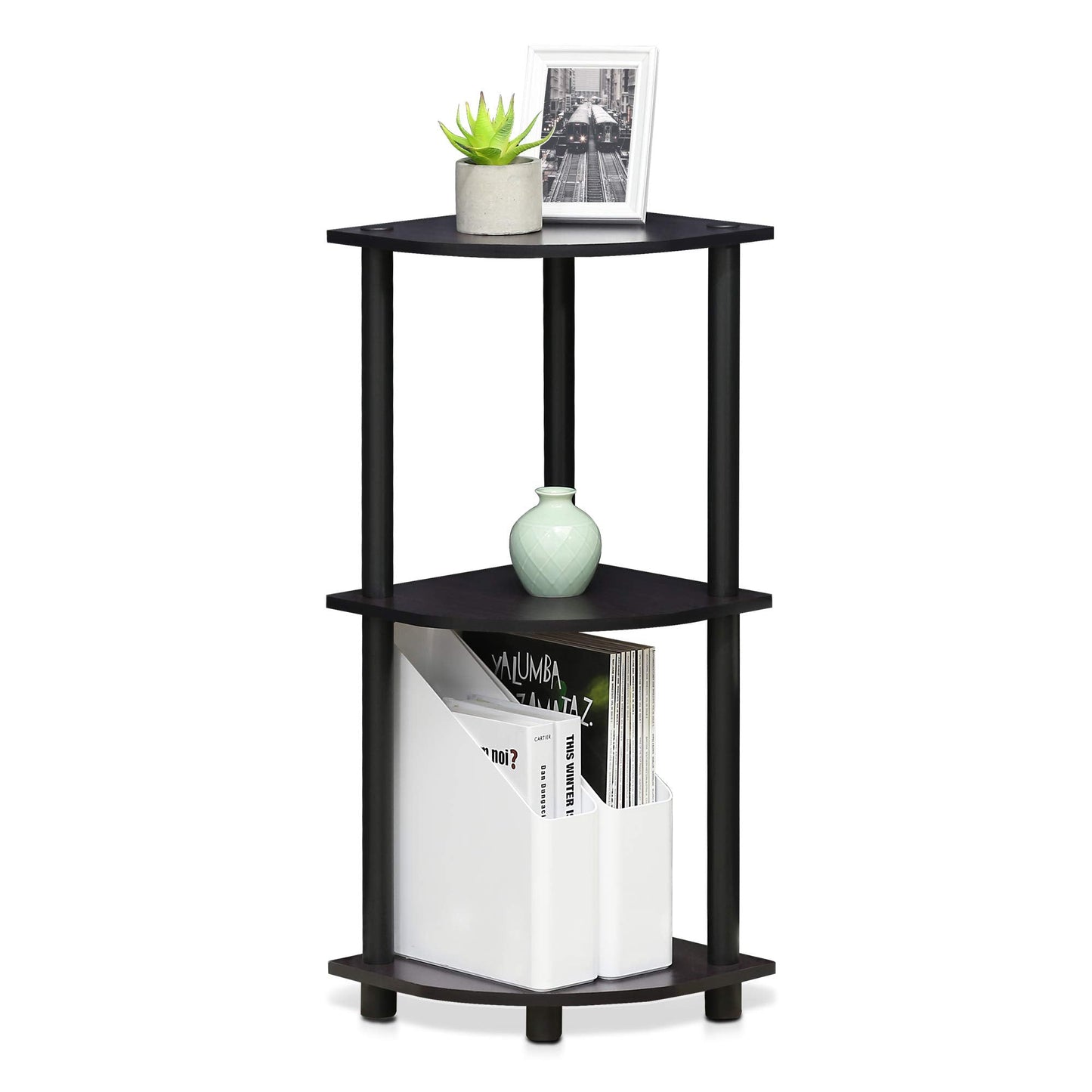 Furinno TURN-N-TUBE Corner Shelf, 3-Tier Corner Bookshelf, Display Storage Shelves with Open Shelves, for Organization and Storage, Living Room, Home Office, Garage, Dark Walnut