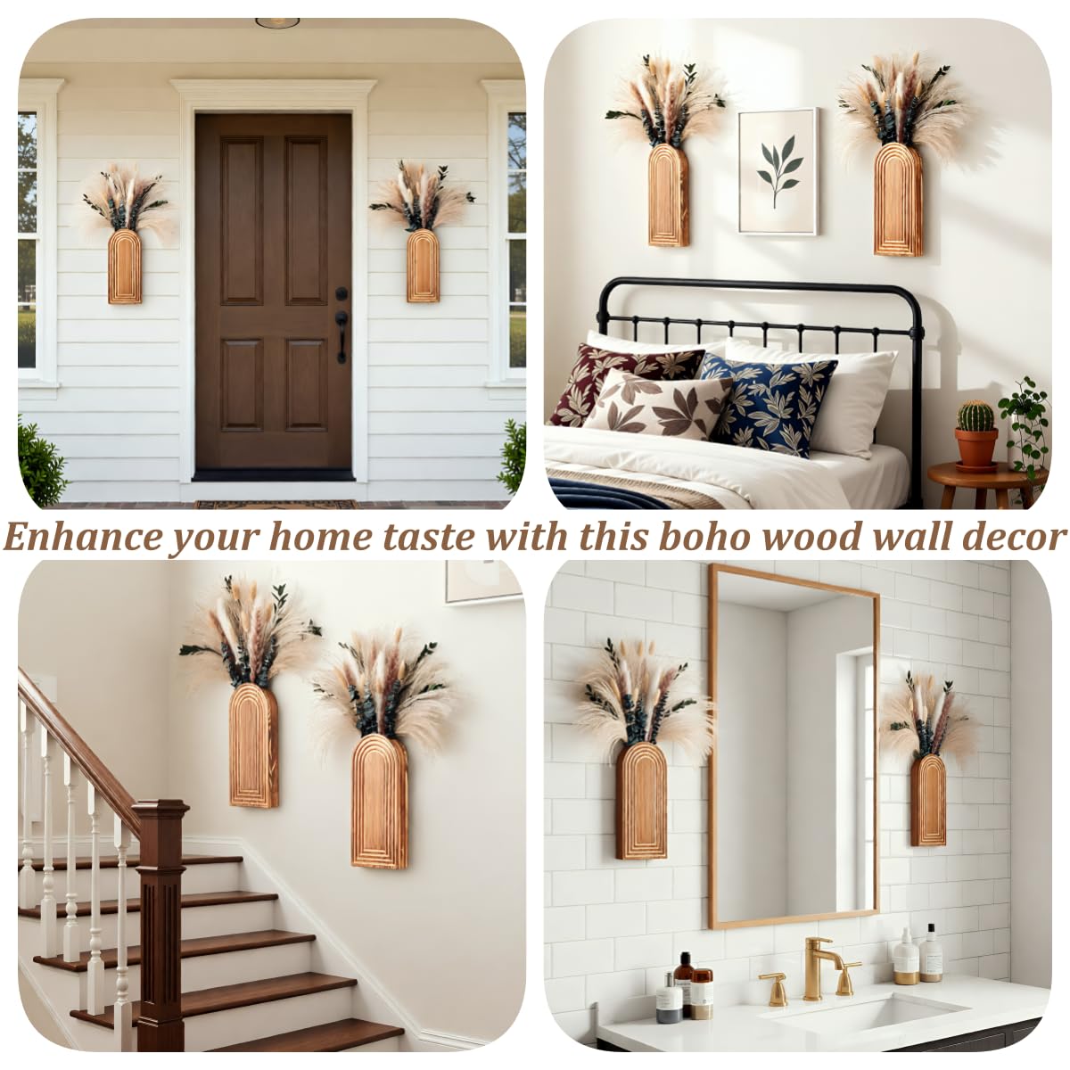 2 Pack Wooden Wall Vase Set with Pampas Grass Eucalyptus, Modern Farmhouse Boho Wall Decor for Living Room, Entryway, Hallway, Bathroom, Dining Room, Brown Wall Art for Home Decoration